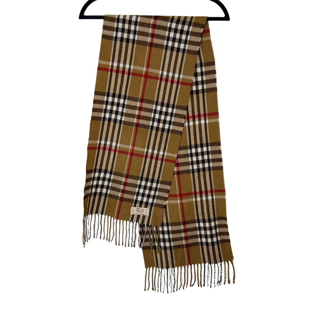 Wool and‎ Cashmere Plaid Scarf Tan Red Check Made in Italy Fringed Trim